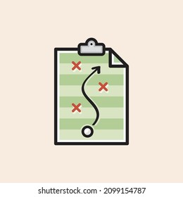 Iconic vector Soccer - Football green field strategy folder with arrow, crosses and ball. Ready to use in multiple projects like websites, apps, shops, videos, games, sport equipment, marketing among 
