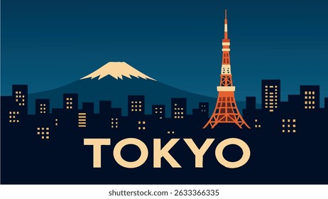 Uma visão icônica do horizonte de Tóquio à noite, com o majestoso Monte Fuji subindo ao fundo, oferecendo uma mistura harmoniosa de arquitetura urbana moderna e a beleza intemporal do Japão