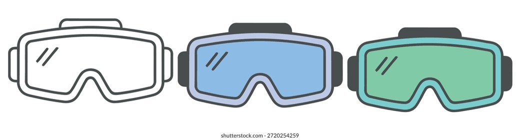 Conjunto de gafas de realidad virtual icónicas con variaciones de lentes de contorno, azul y verde
