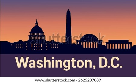 The iconic Washington D.C. skyline with historic monuments like the Capitol Building, Washington Monument, and Lincoln Memorial.