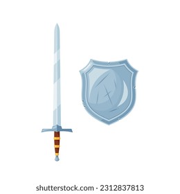 Iconic Weapons Of Middle Ages, Medieval Sword And Shield For Battle. Deadly Knights Blade and Metal Shield
