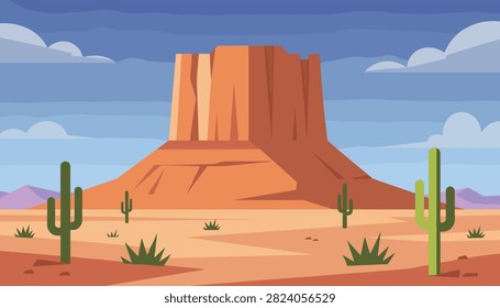 Iconic western desert landscape featuring a massive red rock formation surrounded by tall saguaro cacti.