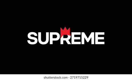 Das legendäre weiße Wortzeichen "Supreme" mit rotem Kronenemblem wird zentral auf tiefschwarzem Hintergrund dargestellt, in dem minimalistische Streetwear verkörpert ist