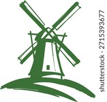 Iconic windmill with four sails standing on a gentle green hillside.
