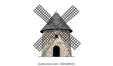 An Iconic Windmill in a Vintage Style Illustration with Stone Base and Sails