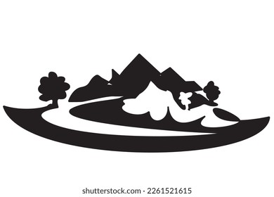 Iconic of winter landscape. Beautiful mountain drawing illustration in firs snow. Vector illustration of snowy mountains silhouette. Simple vector of winter travel mountain wallpaper images.