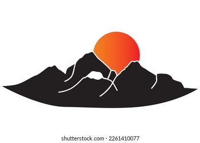 Iconic of winter landscape panorama. Steep rocky mountain peaks and sun. Vector illustration of rocky mountain peak in firs snow silhouette as nature symbol, adventure logo, winter travel icon. 