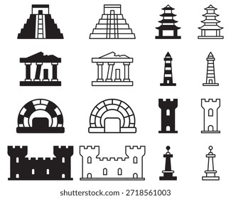 Iconic World Heritage Sites Linear Icon Set – Stone Temple, Pagoda, Amphitheater, Castle Tower, Lighthouse, Fortress Wall, Ancient Ruins, Monument Pillar. solid and line icon set.