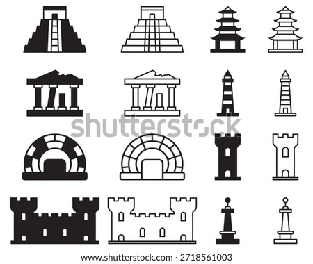 Iconic World Heritage Sites Linear Icon Set – Stone Temple, Pagoda, Amphitheater, Castle Tower, Lighthouse, Fortress Wall, Ancient Ruins, Monument Pillar. solid and line icon set.