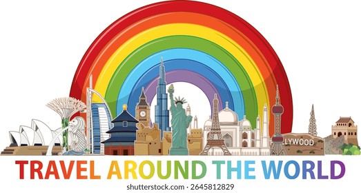 Iconic world landmarks illustrated beneath a colorful rainbow. Clean vector style with bold colors and balanced composition