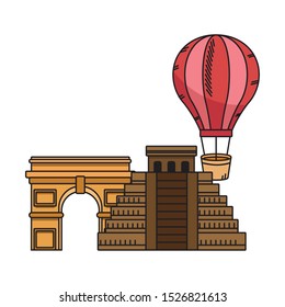 iconic world monutments and hot air balloon over white background, vector illustration