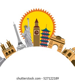 iconics monuments of the world and sun icon over white background. colorful design. vector illustration