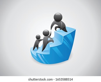 An icon-like drawing where a team is helping each other to climb the blue icy stairs with the leader guiding at the front