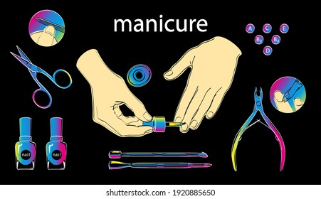 Iconografica on the subject of Manicure. Icons in the form of scissors, nail files, nail Polish, vitamins. All drawings in the style of hand-drawn graphics with bright color gradients.