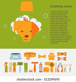 Iconographic picture with place for your text. Pet grooming icons set. Collection of flat vector web icons. Vector dog care stuff. Goods for bathing, grooming, hygiene and health. 