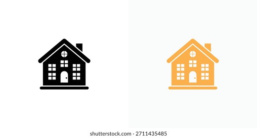 A iconografia apresenta uma casa minimalista, apresentada como uma silhueta preta e em laranja. Cada casa tem janelas visíveis, uma porta e uma chaminé sobre um fundo branco.