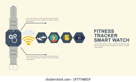 Iconography for flat-style design, smart watch fitness tracker, icons with the image of the functional actions of the equipment and a place to insert text