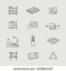 Iconografia para armazéns de logística, com ícones relacionados a empilhadeiras, pisos irregulares, protetores de coluna, etiquetas e prateleiras.