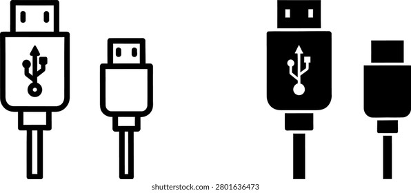 Iconography representing USB connectivity. Two distinct plug types are displayed in contrasting line art and silhouette styles for versatile digital integration.