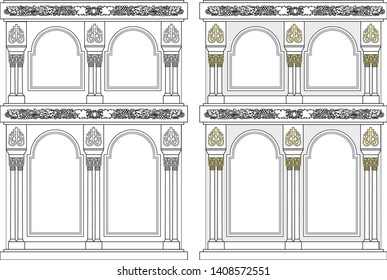 Iconostasis, architectural object, orthodox, black-white and color vector illustration