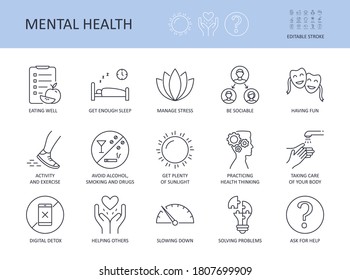 Icons 15 top tips for good mental health. Editable stroke. Get enough sleep eating well. Avoid alcohol, smoking manage stress. Activity and exercise sociability taking care of your body digital detox