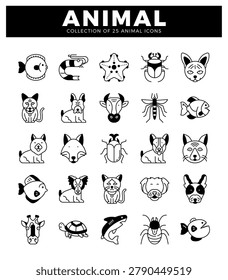 Icons of 25 animals. including fish. dogs. cats. insects. and giraffe