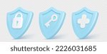 Icons of 3d shields with signs of plus, padlock and key. Concept of business protect, defense, privacy guard, medical insurance. Safety badges, vector set isolated on transparent. 3D Illustration