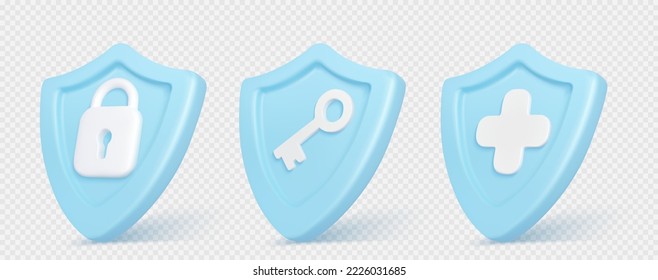 Icons of 3d shields with signs of plus, padlock and key. Concept of business protect, defense, privacy guard, medical insurance. Safety badges, vector set isolated on transparent. 3D Illustration