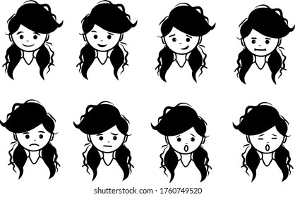 Icons with 8 girls faces with different mood, emotions, black and white, illustration, vector  