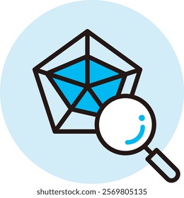 Icons about analysis and information. Illustration with a magnifying glass on a pentagonal graph.