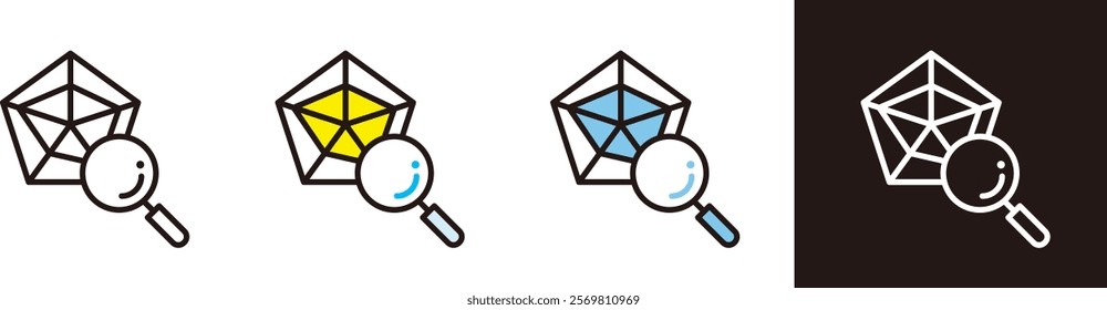 Icons about analysis and information. Illustration with a magnifying glass on a pentagonal graph.