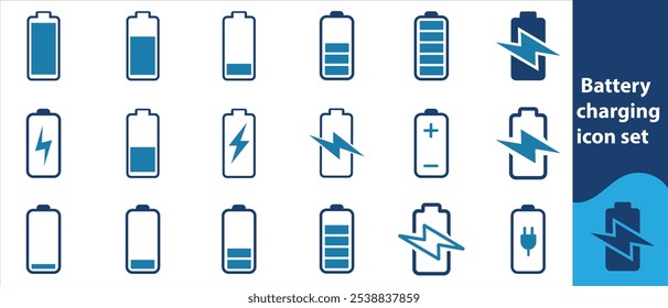  Symbole zum Aufladen des Akkus. Enthält Symbole wie Ladegerät, EV-Ladestation, Powerbank und mehr. Bearbeitbarer Vektorstrich 64x64 Pixel perfekt