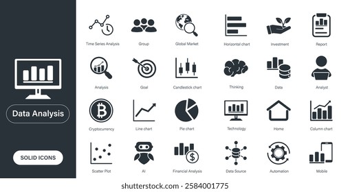 Icons about charts, predictive analytics, markets, financial business. Solid vector icons about data analysis.