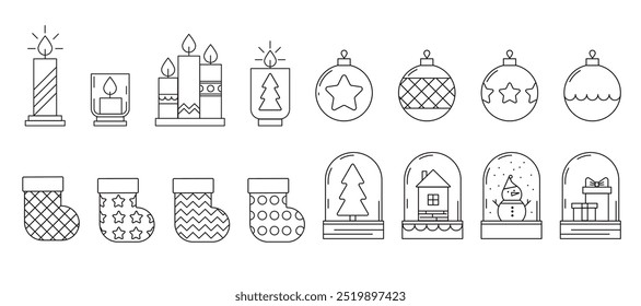 Iconos sobre Navidades.  Contiene iconos como calcetín de Navidad, casa, globo de nieve, juguete del árbol de Navidad, muñeco de nieve, árbol de Navidad, lista de deseos, decoración y regalos. 