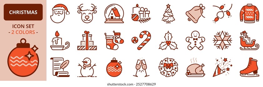 Icons about Christmas. Holidays events. Contains such icons as Santa, snowman, Christmas tree, wish list, decoration, and gifts. Editable stroke