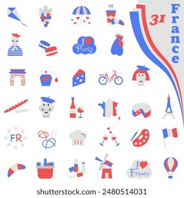 Icons about France. Welcome to France. Sights of France in the colors of the French flag. EPS 10.