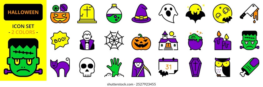 Icons about Halloween. Contains such icons as trick or treat, pumpkin, potions, haunted house and monsters. Editable stroke