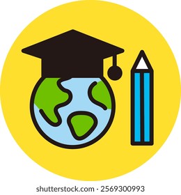 Icons about international study abroad and education. A hat worn at graduation, a globe, and a pencil. Graduate school, master's degree.