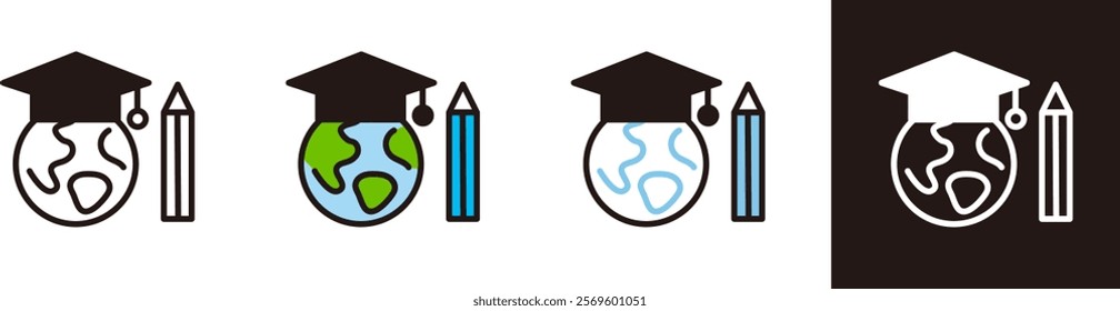 Icons about international study abroad and education. A hat worn at graduation, a globe, and a pencil. Graduate school, master's degree.