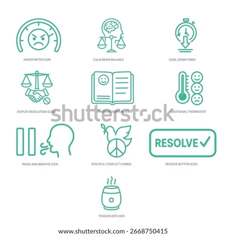 Icons about managing anger, resolving disagreements, and staying emotionally calm.