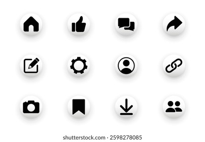 Icons about media, like, chat box, account, camera. Solid vector icon set.