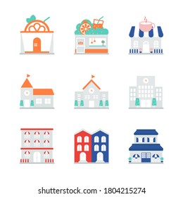 Icons about schools and shops.
 svg