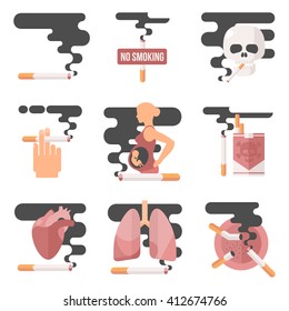 Icons about smoking, vector illustration flat. dangers of smoking, pregnant woman