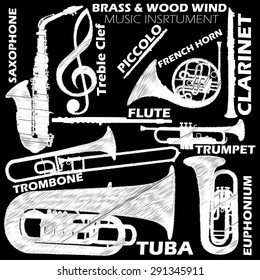 Icons about woodwind and brasswind music instrument sketch by chalk on blackboard. In vector style