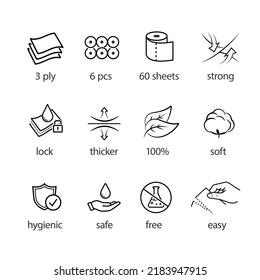 Icons for absorbent material set. Vector illustration. Perfect for kitchen towel, napkin, tissues, pads, baby diapers and etc. Stroke sign, easy change. EPS10.	