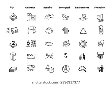 Symbole für saugfähiges Material. Vektorgrafik einzeln auf weißem Hintergrund. Perfekt für Papierrollen, Nasswischtücher, Küchentücher, Servietten, Taschentücher, Pads usw. Schlagzeichen, einfaches Wechseln. EPS10.	