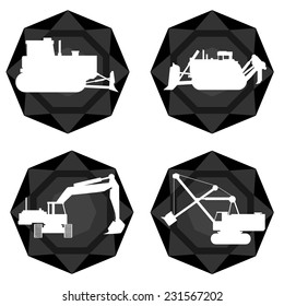 Icons with abstract images of objects and equipment used in the mining industry. Illustration on white background.