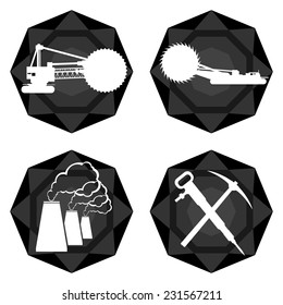 Icons with abstract images of objects and equipment used in the mining industry. Illustration on white background.