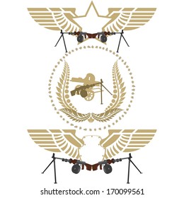 Icons with abstract wings and machine guns. Illustration on white background.