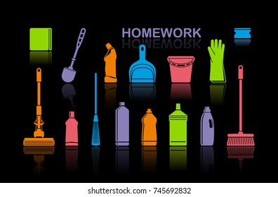 Icons of accessories and means for cleaning. Vector illustration